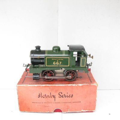 Hornby 0 Gauge early SR lined green 0-4-0 Tank loco No.B667, clockwork - boxed