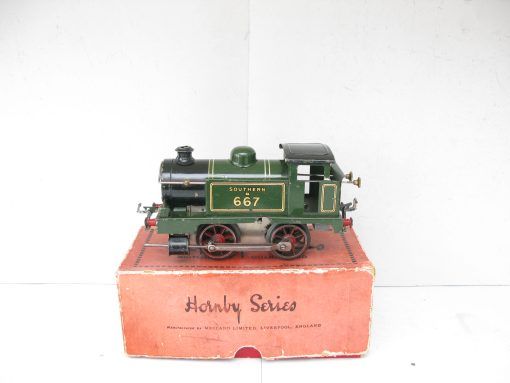 Hornby 0 Gauge early SR lined green 0-4-0 Tank loco No.B667, clockwork - boxed