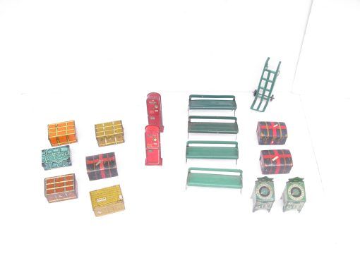 Hornby 0 Gauge Station Furniture, Ticket machine, Weight machines, Trunks, Seats, Trolley etc  - unboxed Prices each £10