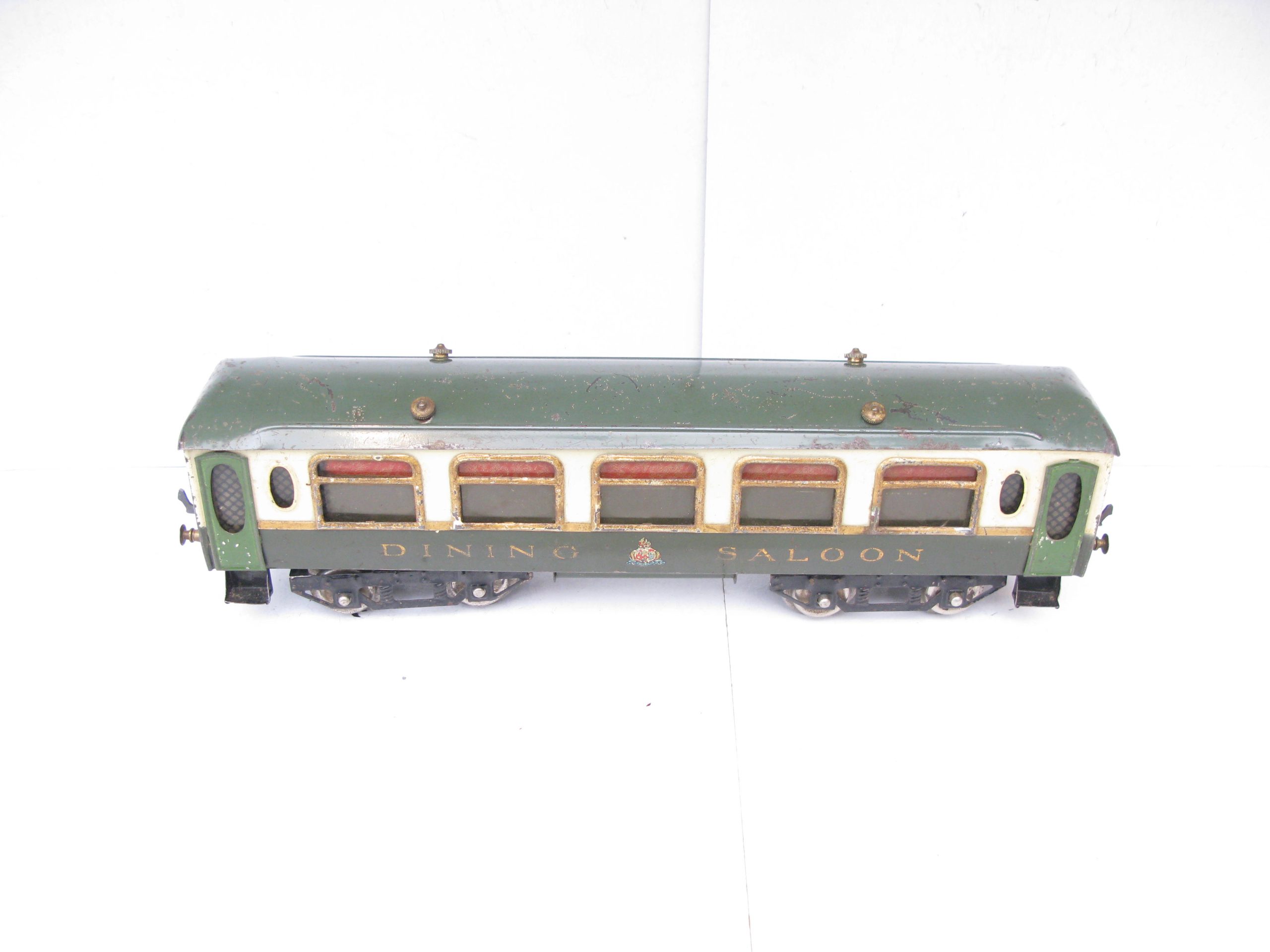 Hornby 0 Gauge Early No.2 Green and Cream Pullman Dining Saloon Coaches circa 1923 - unboxed - Fair to Good - Image 6