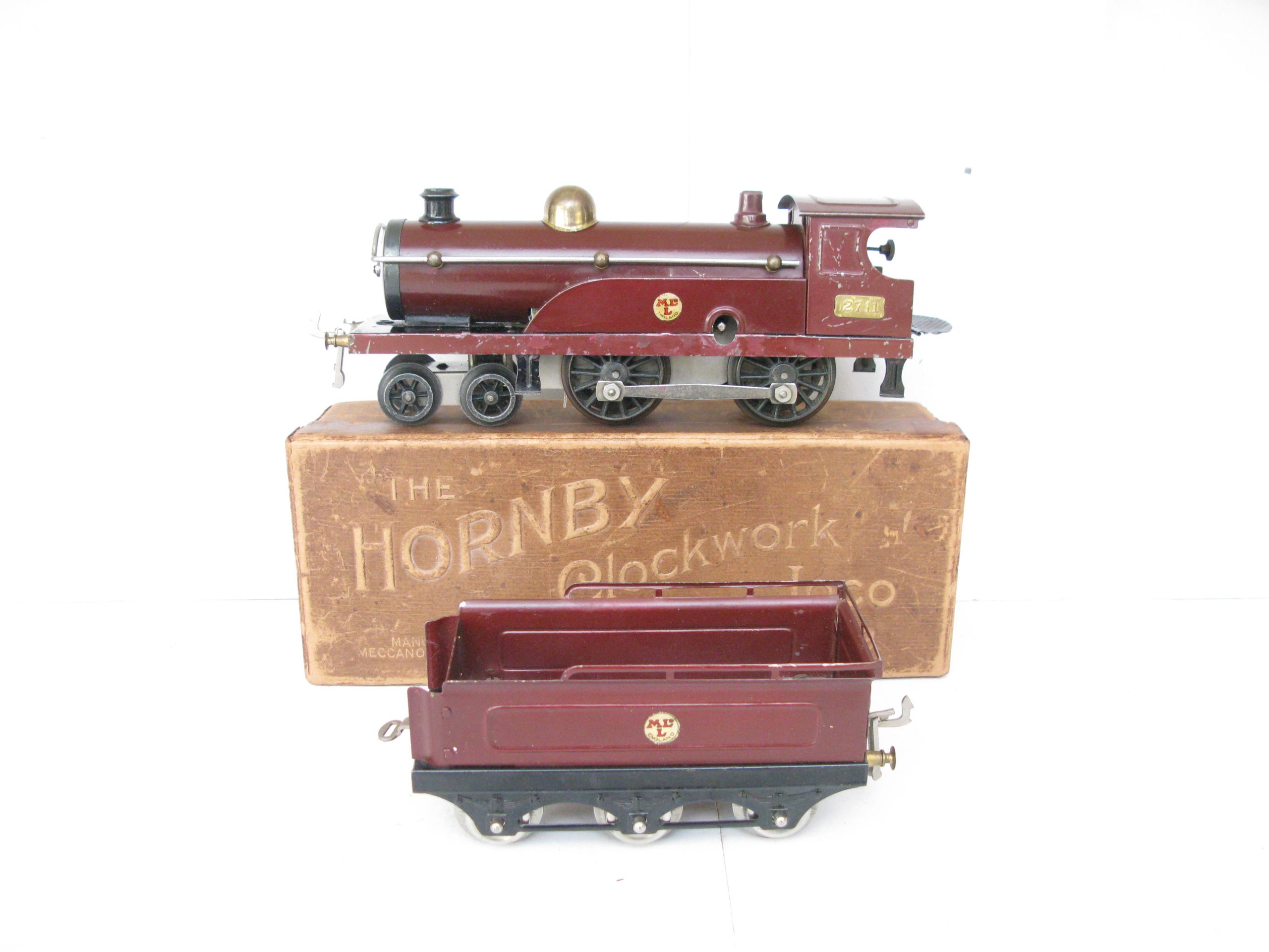 Hornby 0 Gauge Early No.2 Loco & Tender Midland Maroon, Clockwork Circa 1921/23 - Part Boxed - Overall Good/plus to Excellent